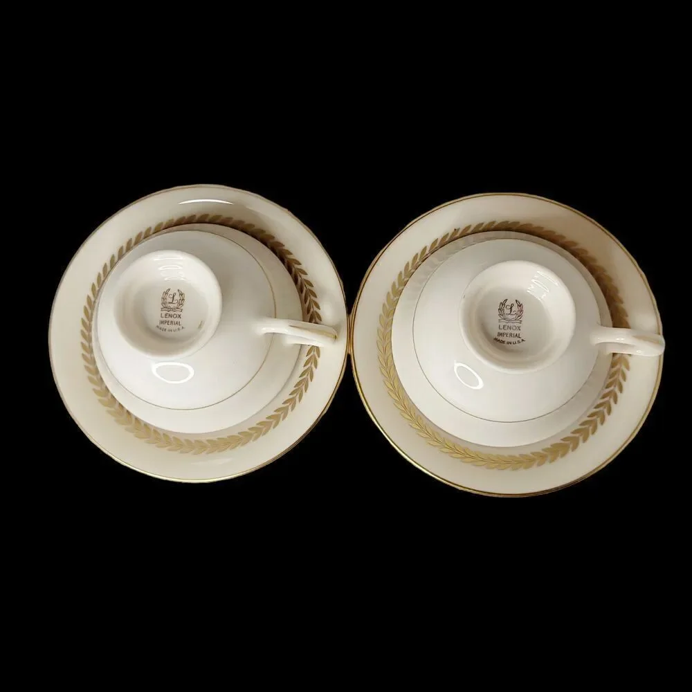 Vtg Set of 2 LENOX Imperial Ivory China Gold Laurel Trim Tea Cup Saucer‎ Green
